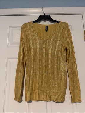 Berek Metallic Gold Cable Knit V-Neck Sweater